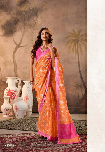 Alluring Mul Mul Orange Cotton Saree