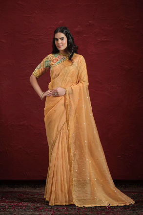 Two Tone Jacquard Butti Tusser Pure Cut work Saree with Stitched Blouse