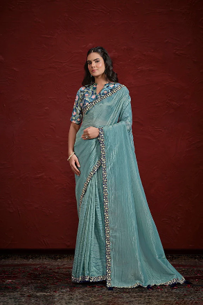 Paper Silk Pleat Moti with Handwork Saree with Stitched Blouse
