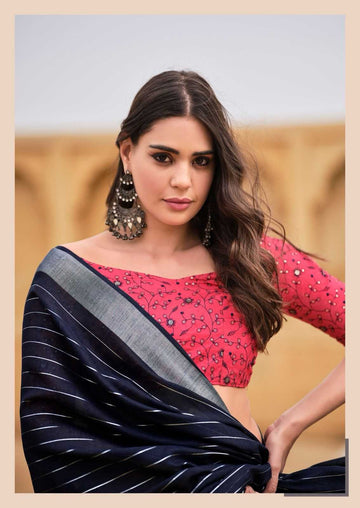 LINEN SILK SAREE WITH FANCY BLOUSE