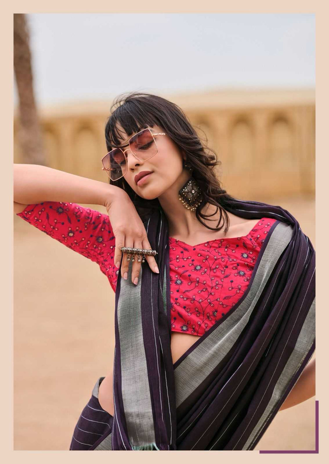 LINEN SILK SAREE WITH FANCY BLOUSE