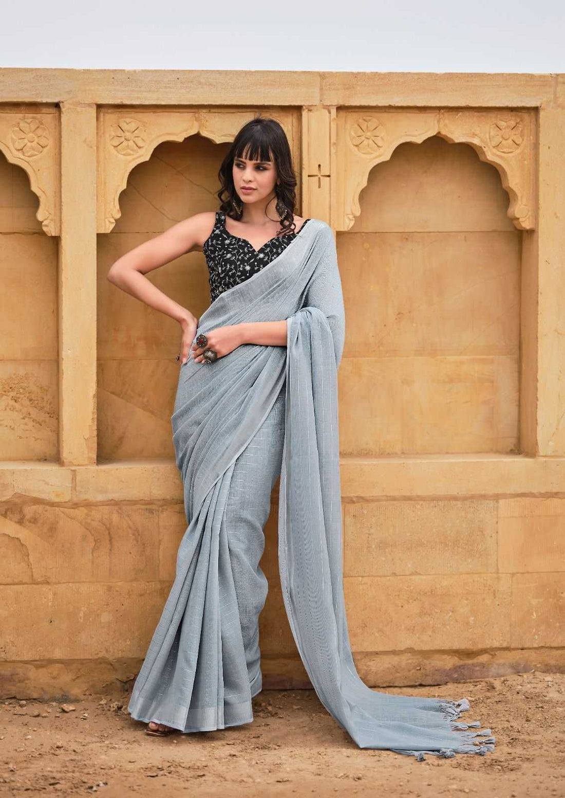 LINEN SILK SAREE WITH FANCY BLOUSE