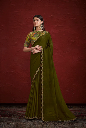 Natural Crepe Georgette Silk Sequence with Handwork Saree with Stitched Blouse.
