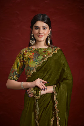Natural Crepe Georgette Silk Sequence with Handwork Saree with Stitched Blouse.