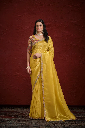 Mustard Crush Paper Silk Sequence with Handwork Saree with Stitched Blouse