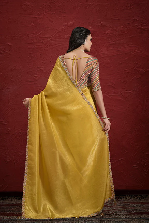 Mustard Crush Paper Silk Sequence with Handwork Saree with Stitched Blouse