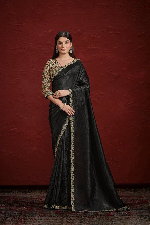 Black Crush Paper Silk Saree with Stitched Blouse