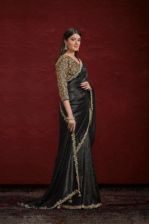 Black Crush Paper Silk Saree with Stitched Blouse