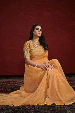 Two Tone Jacquard Butti Tusser Pure Cut work Saree with Stitched Blouse