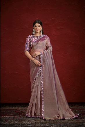 Pure Banarasi Jari Crinkle Sequence with Handwork Saree with Stitched Blouse