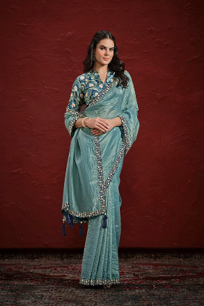 Paper Silk Pleat Moti with Handwork Saree with Stitched Blouse