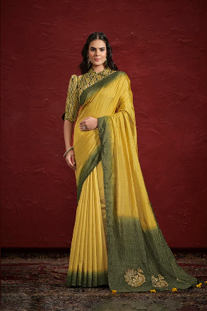 Dolla Silk Crinkle/Upada Silk Pure hand with moti work Saree with Stitched Blouse