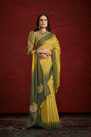 Dolla Silk Crinkle/Upada Silk Pure hand with moti work Saree with Stitched Blouse